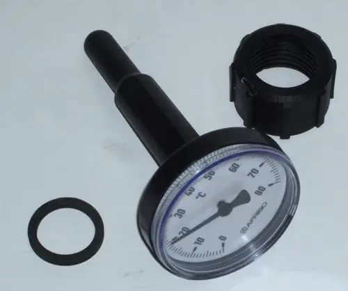 Thermometer mit Skala für Temperaturmessung, montierbar an einem Speicher. Enthält eine Gummidichtung und einen Befestigungsring. Marke: Daikin.